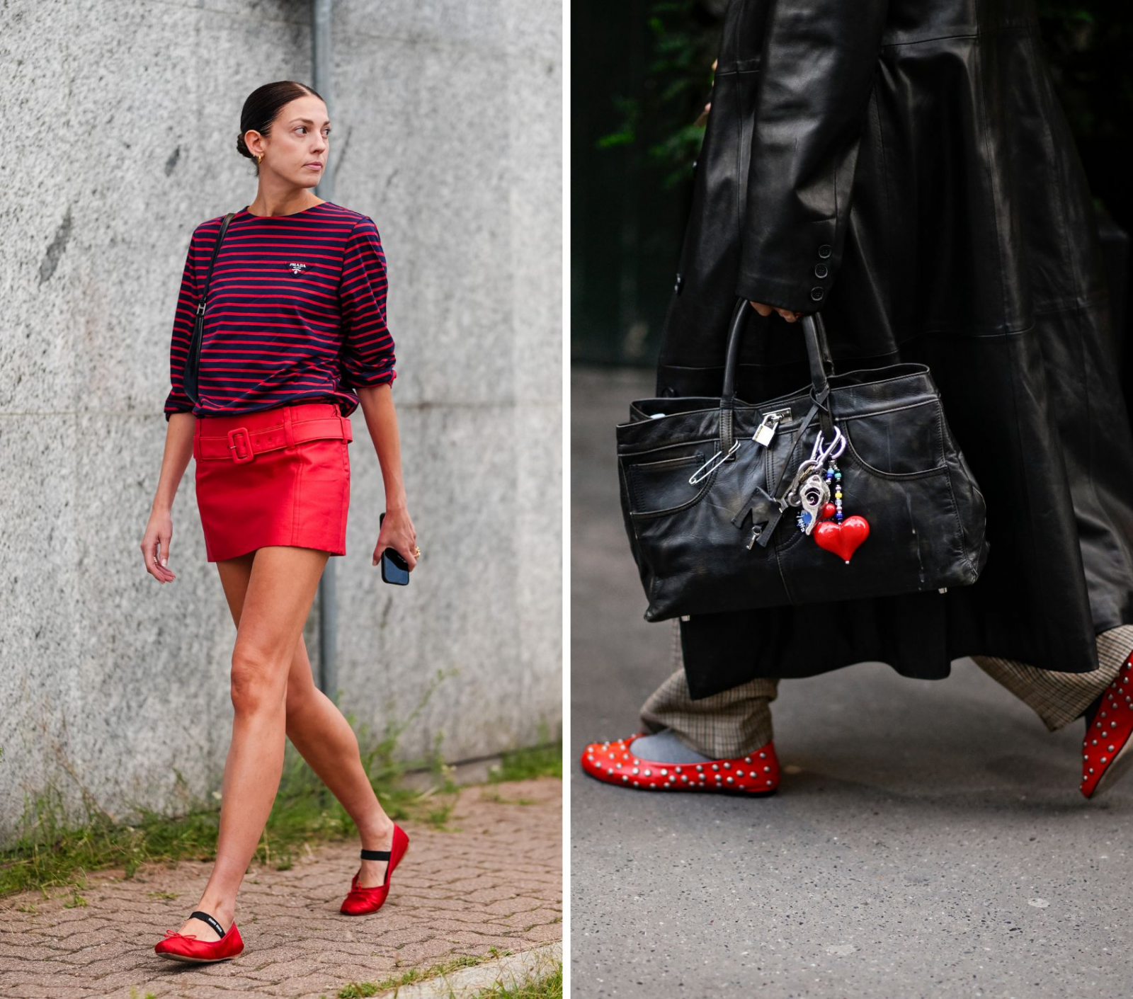 Modne baleriny damskie w czerwonym kolorze, stylizacje na ulicy, jedna z modeli w mini spódnicy, druga w długim płaszczu.