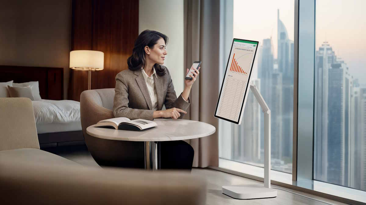 Kobieta w garniturze siedzi przy okrągłym stole w hotelu, trzyma telefon i patrzy na monitor LG Smart Monitor Swing z danymi. W tle widać miasto.
