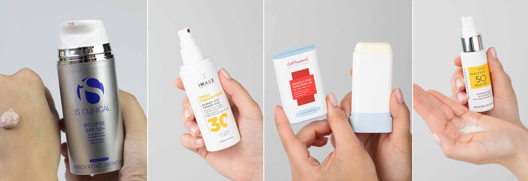 Krem ochronny beżowy SPF 50 marki iS Clinical, Krem ochronny SPF 30 marki Image Skincare, Krem z fotoprotekcją SPF 50 marki Cell Fusion C, Krem przeciwsłoneczny do twarzy i dekoltu SPF 50 marki Beaute Pacifique. Kosmetyki dostępne na Topestetic.pl.