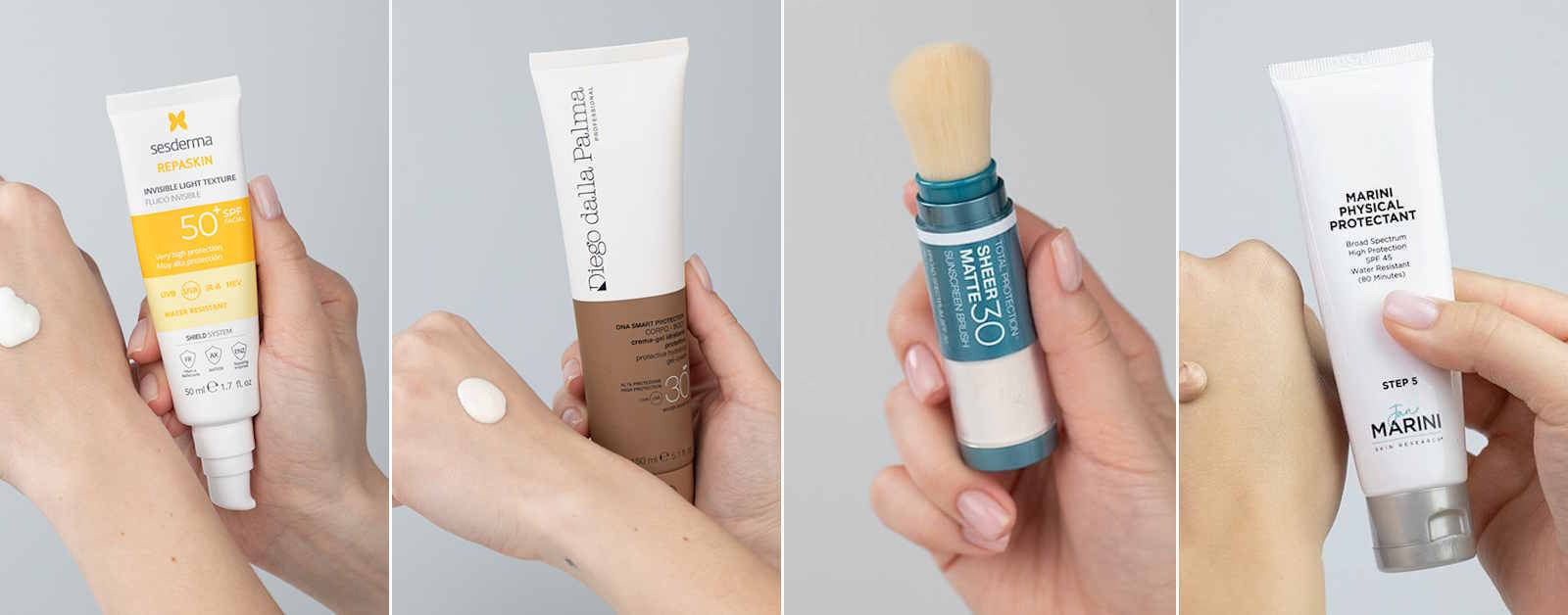 Emulsja SPF 50 marki Sesderma, Krem-żel ochronny SPF 30 marki Diego dalla Palma, Mineralny puder ochronny w pędzlu SPF 30 marki Colorescience, Krem ochronny koloryzujący SPF 45 marki Jan Marini na Topestetic.pl.
