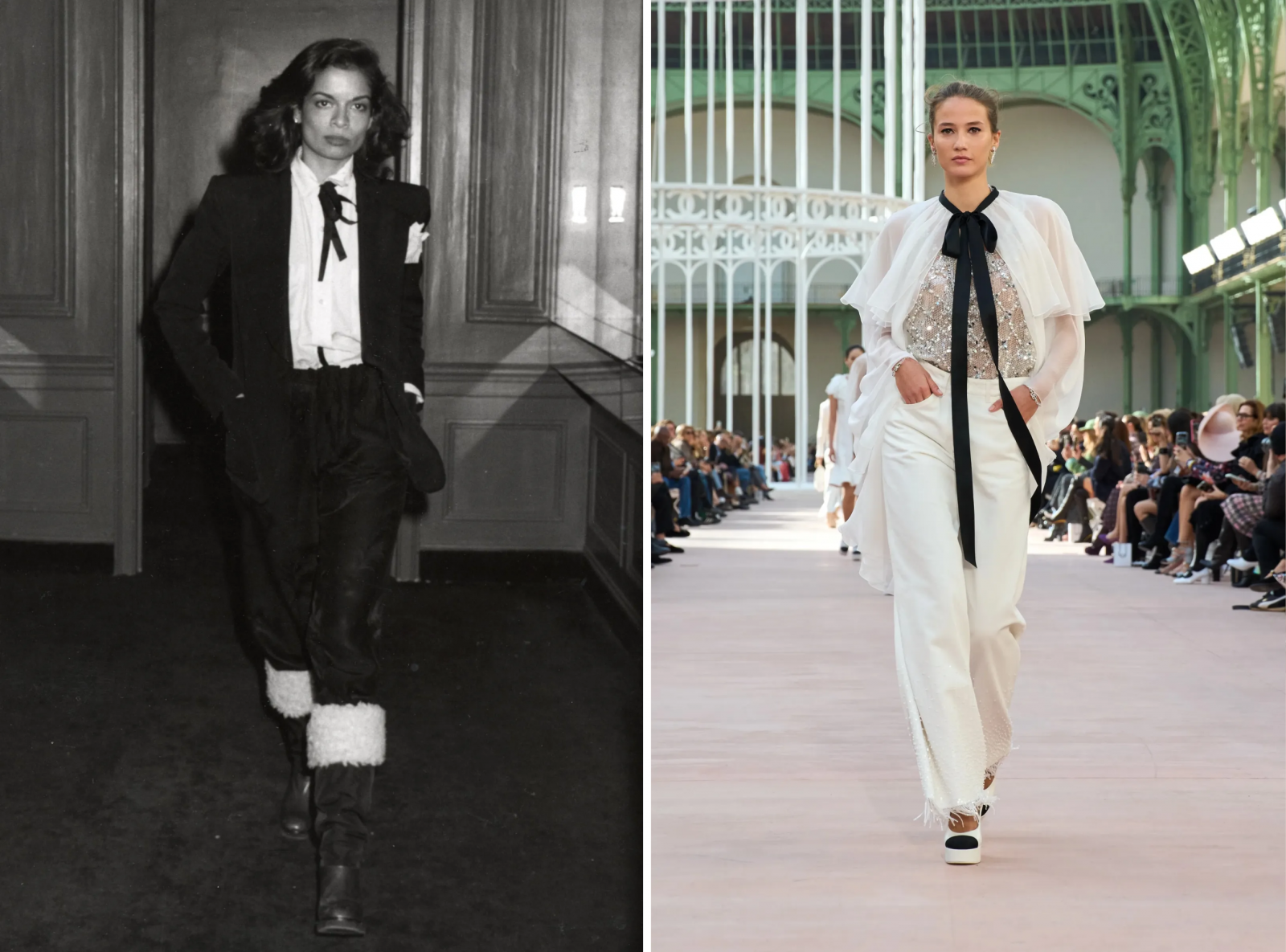 Bianca Jagger w bluzce z wiązaniem i spodniach, 1978 rok; Pokaz kolekcji Chanel na sezon wiosna-lato 2025.