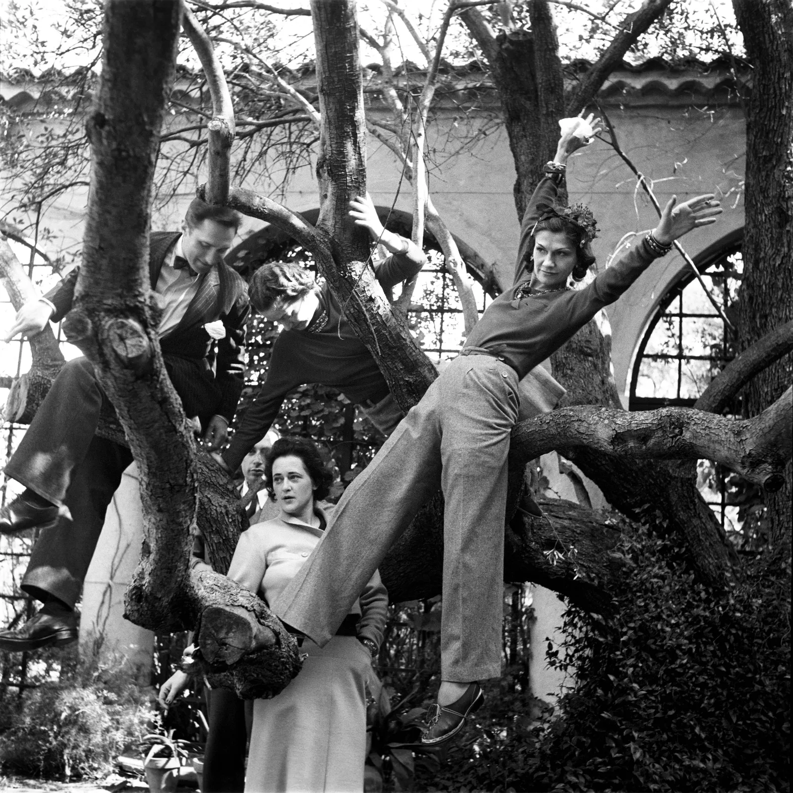 François Hugo, Pierre Colle, Audrey James Field, Maria Ruspoli-Hugo i Gabrielle Chanel na drzewie oliwnym na krużganku La Pausy, 1938.(Fot. Roger Schall © Schall Collection)