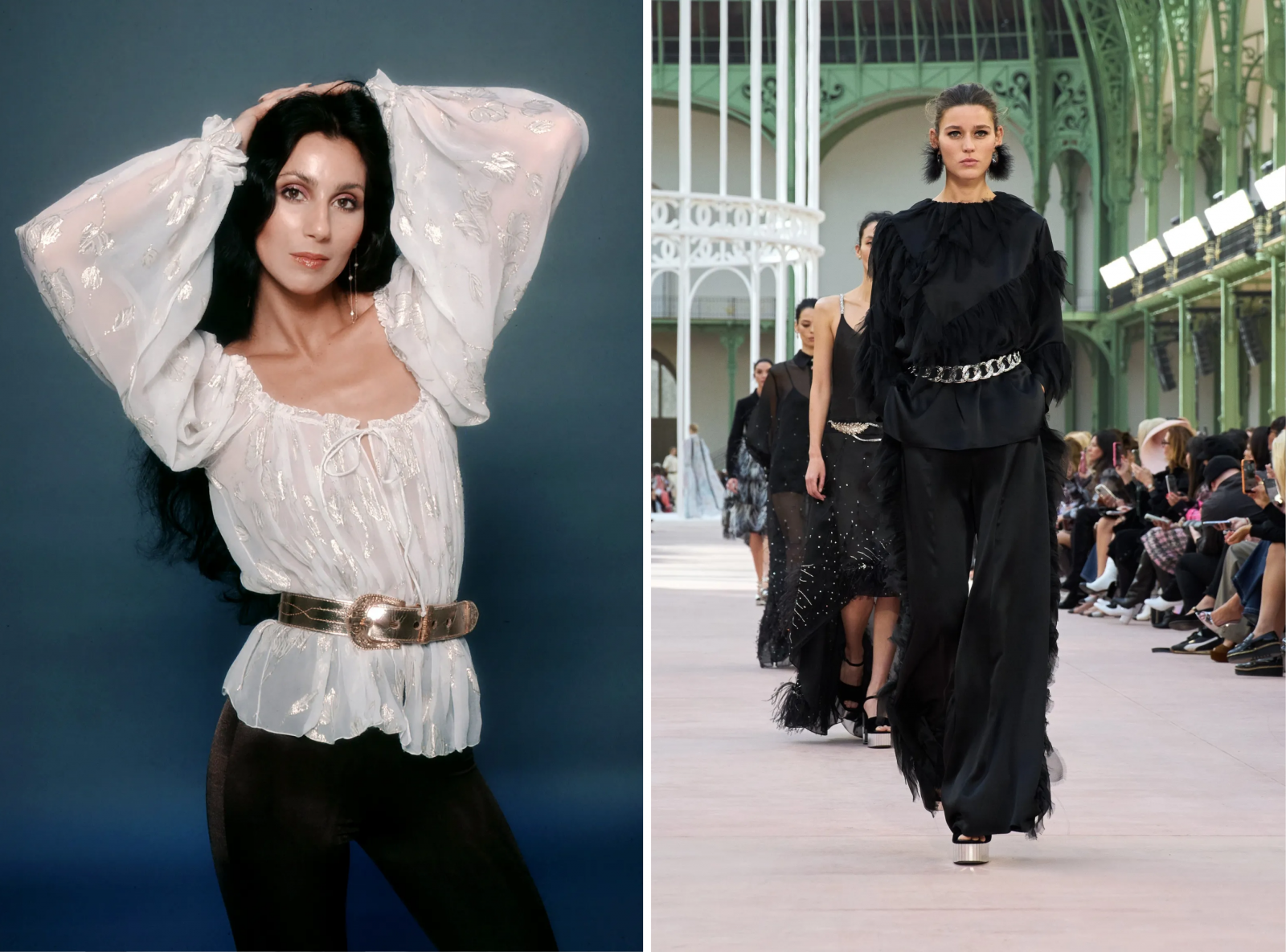 Cher w długiej bluzce boho i szerokich spodniach, lata 70. XX wieku; Pokaz kolekcji Chanel na sezon wiosna-lato 2025.