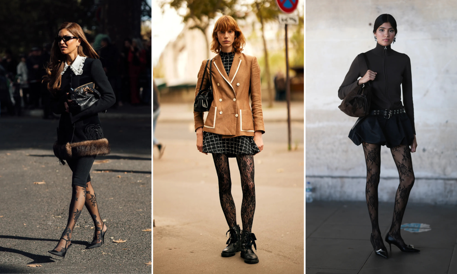 Trzy modelki prezentują różne stylizacje z czarnymi koronkowymi rajstopami, w połączeniu z eleganckimi outfitami.