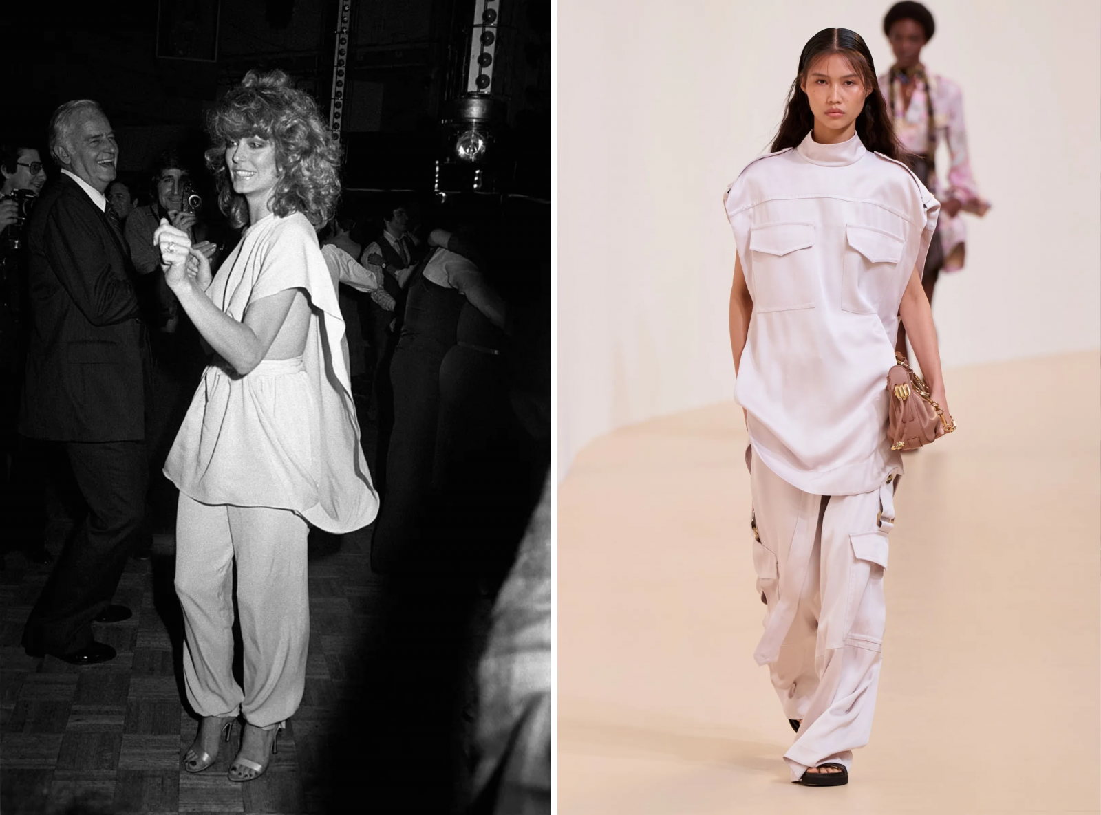 Farrah Fawcett w 1978 roku, tańcząca w luźnym stroju. Po prawej pokaz kolekcji Zimmermann na sezon wiosna-lato 2025.