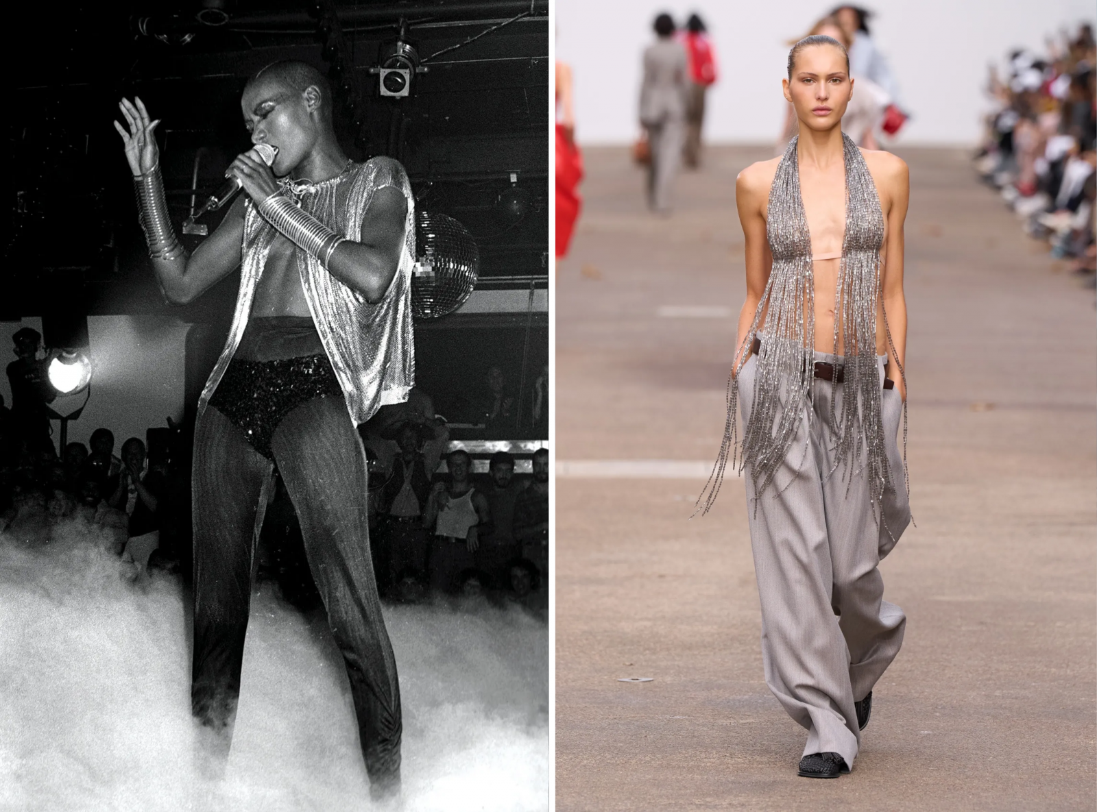 Grace Jones w bluzce z biżuteryjnymi frędzelkami i transparentnych spodniach, lata 70. XX wieku; pokaz kolekcji Stelli McCartney na sezon wiosna-lato 2025.