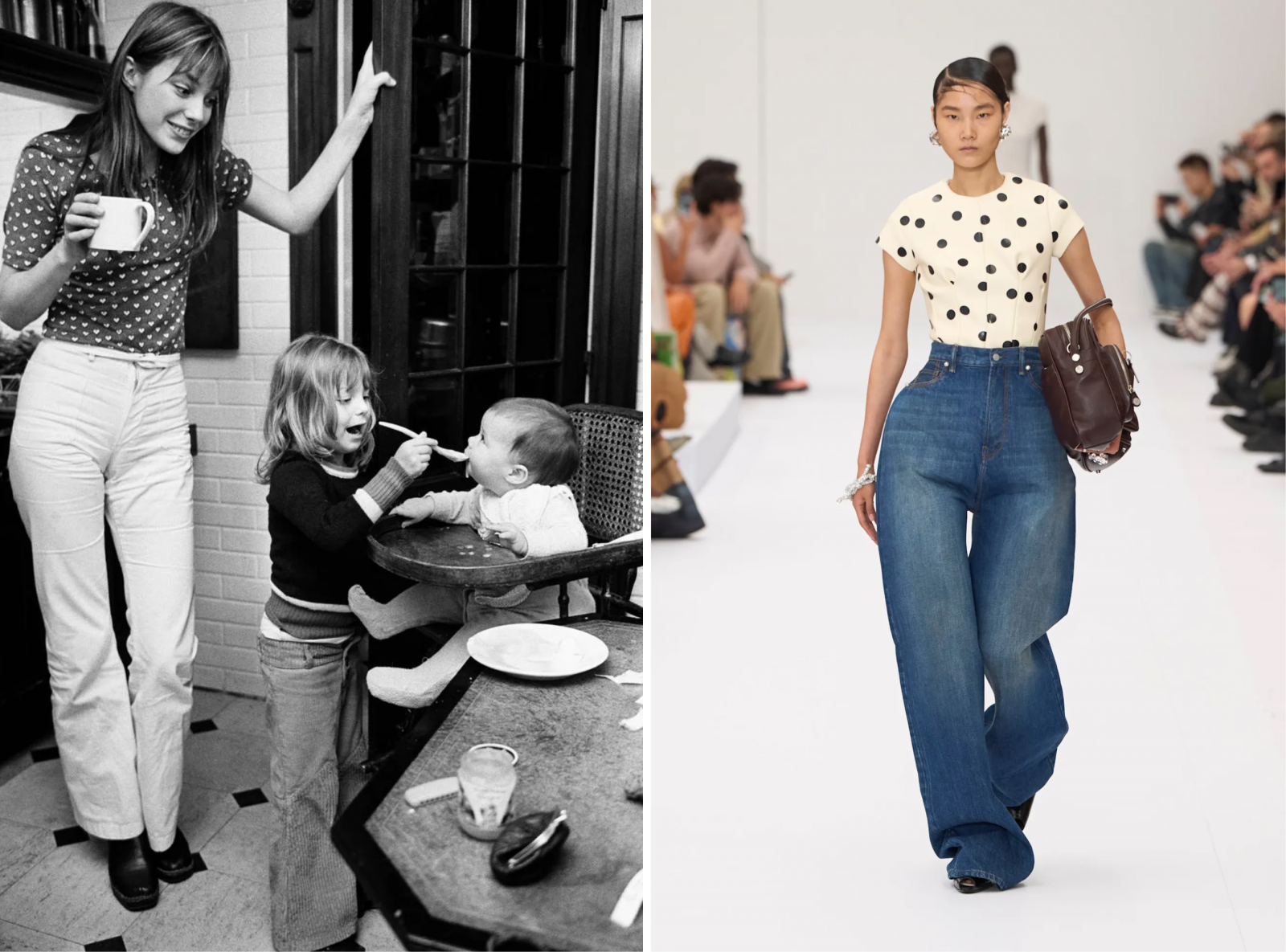 Jane Birkin w bluzce w grochy, lata 70. XX wieku; Pokaz kolekcji Acne Studios na sezon wiosna-lato 2025.