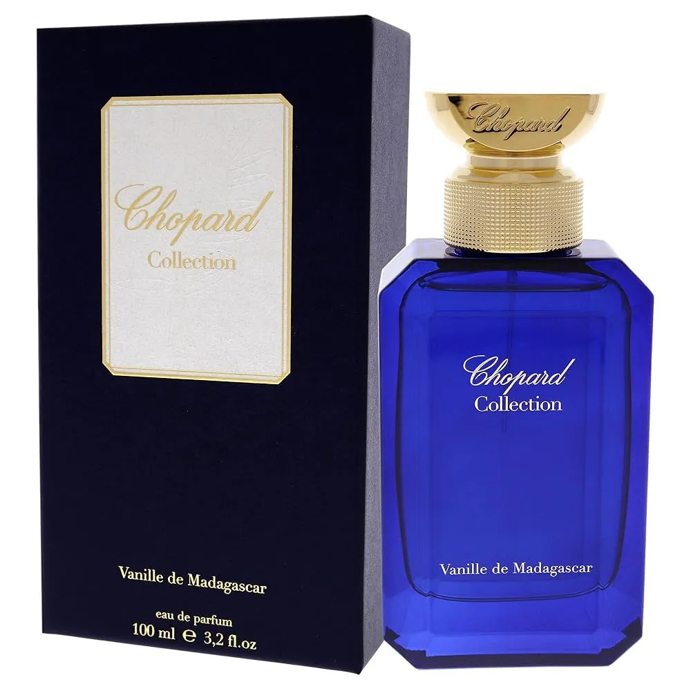 Perfumy Chopard Collection Vanille de Madagascar o zapachu matchy w niebieskiej butelce i eleganckim opakowaniu.