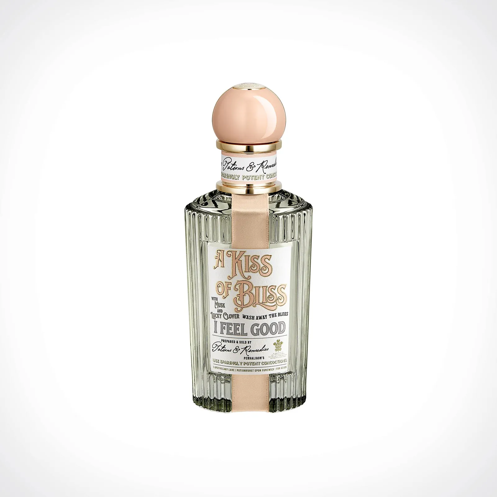 Perfumy Penhaligon’s A Kiss of Bliss o zapachu matchy w eleganckiej butelce z różowym korkiem.