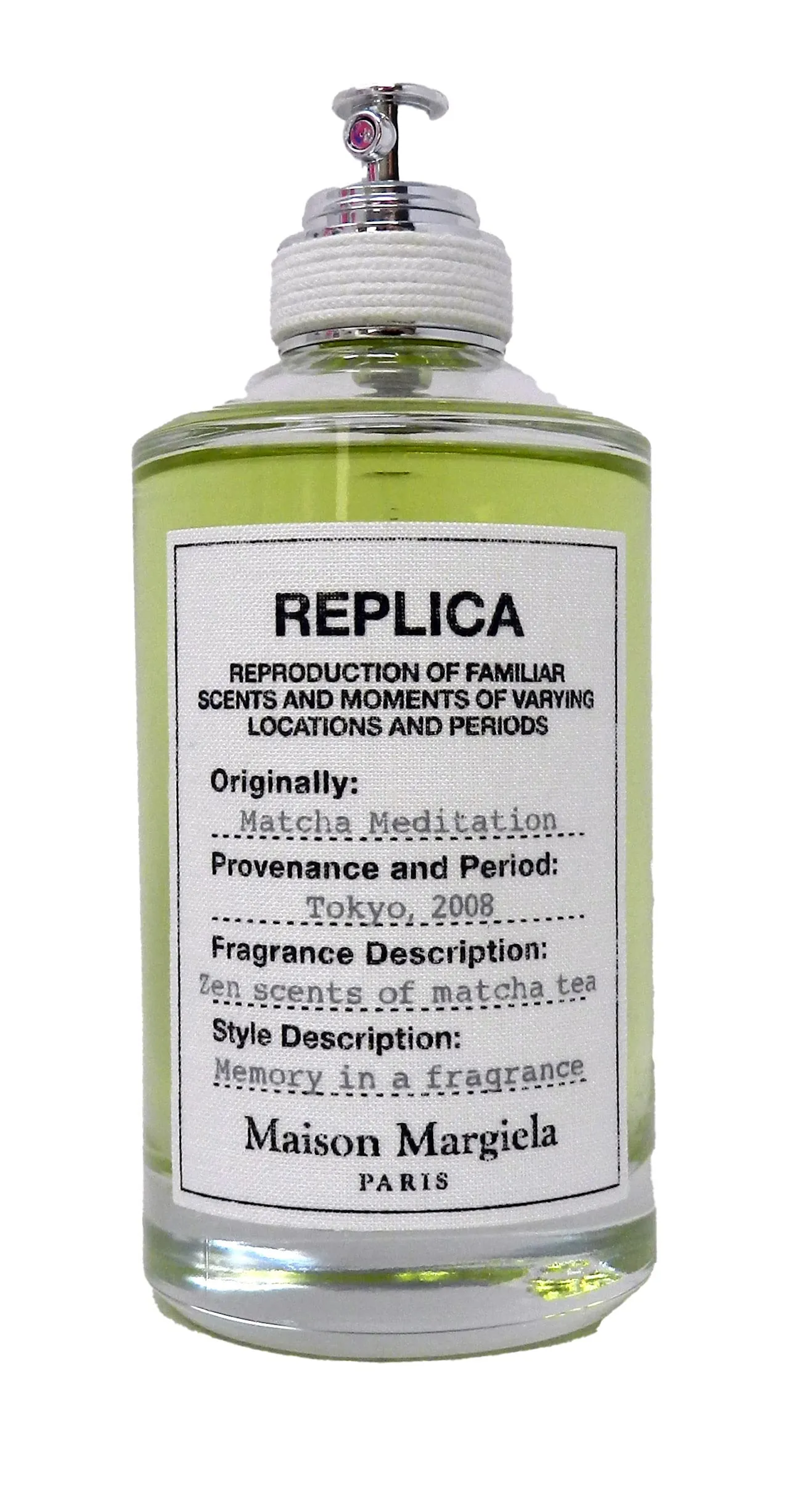 Perfumy Maison Margiela Replica Matcha Meditation o zapachu matchy, w butelce z oznaczeniem i opisem.