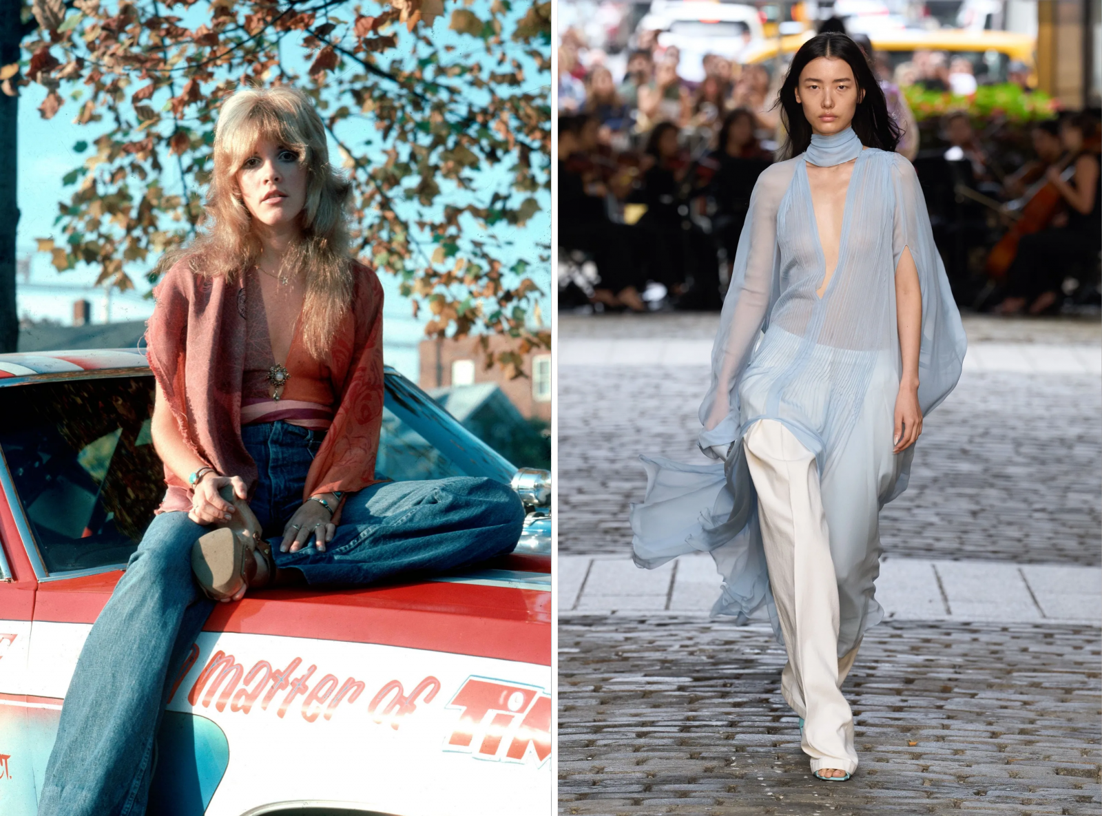 Stevie Nicks w bluzce boho z dekoltem w kształcie litery „V” i jeansach z wysokim stanem, lata 70. XX wieku; Pokaz kolekcji Prabal Gurung na sezon wiosna-lato 2025.