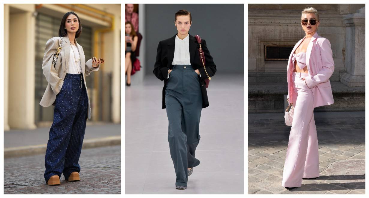 Street fashion, Loewe wiosna-lato 2024, Florence Pugh w garniturze ze spodniami z wysokim stanem (Fot. Spotlight. Launchmetrics; Getty Images)