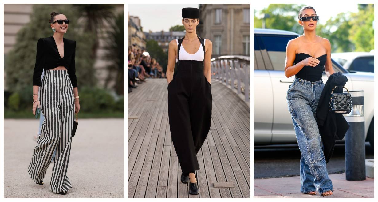 Street fashion, Alaia wiosna-lato 2024, Kim Kardashian w jeansach z wysokim stanem i krótkim topie (Fot. Spotlight. Launchmetrics Getty Images)