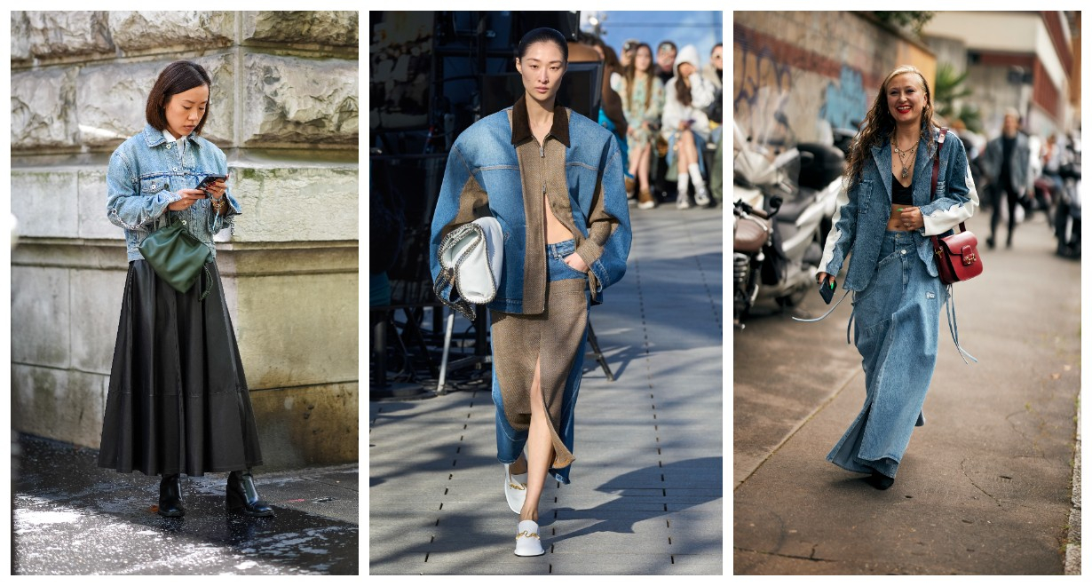 Jeansowe kurtki i długie spódnice: Street style, Stella McCartney / (Fot. Edward Berthelot/Getty Images, Spotlight. Launchmetrics, Alena Zakirova/Getty Images )