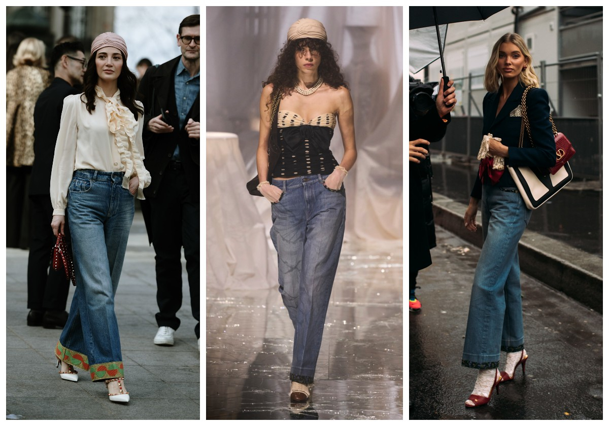 Trzy kobiety w spodniach boho z doszytą nogawką, każda w odmiennym stylu – elegancko, awangardowo i casualowo.