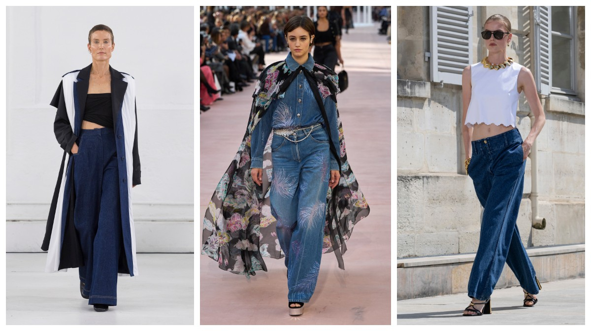 Jeansy baggy bootcut w kolekcjach Mossi, Chanel, Patou / (Fot. Spotlight. Launchmetrics)