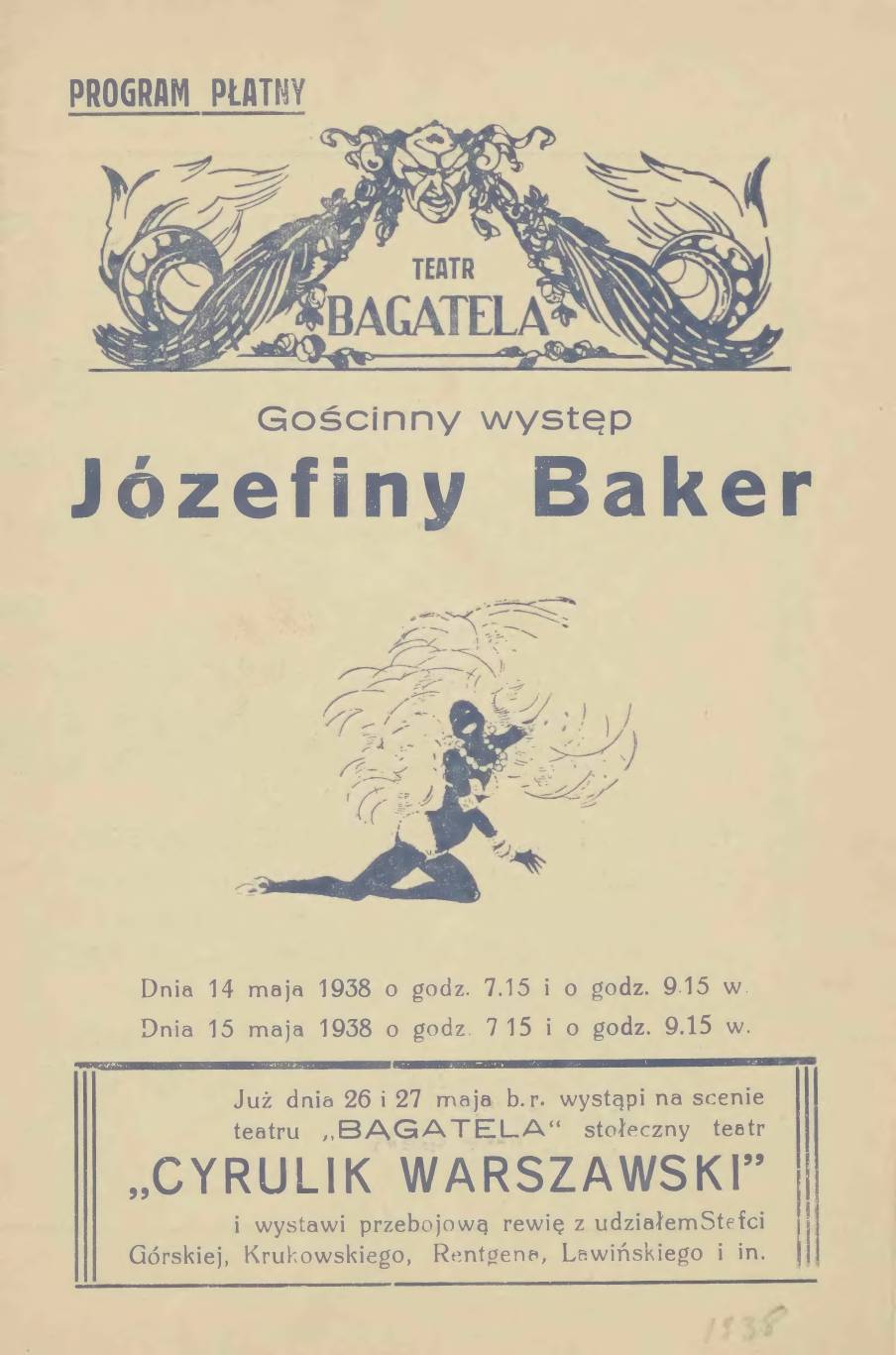 Zapowiedź występu Josephine Baker w Teatrze Bagatela w Krakowie, 1938 (Mazowiecka Biblioteka Cyfrowa)