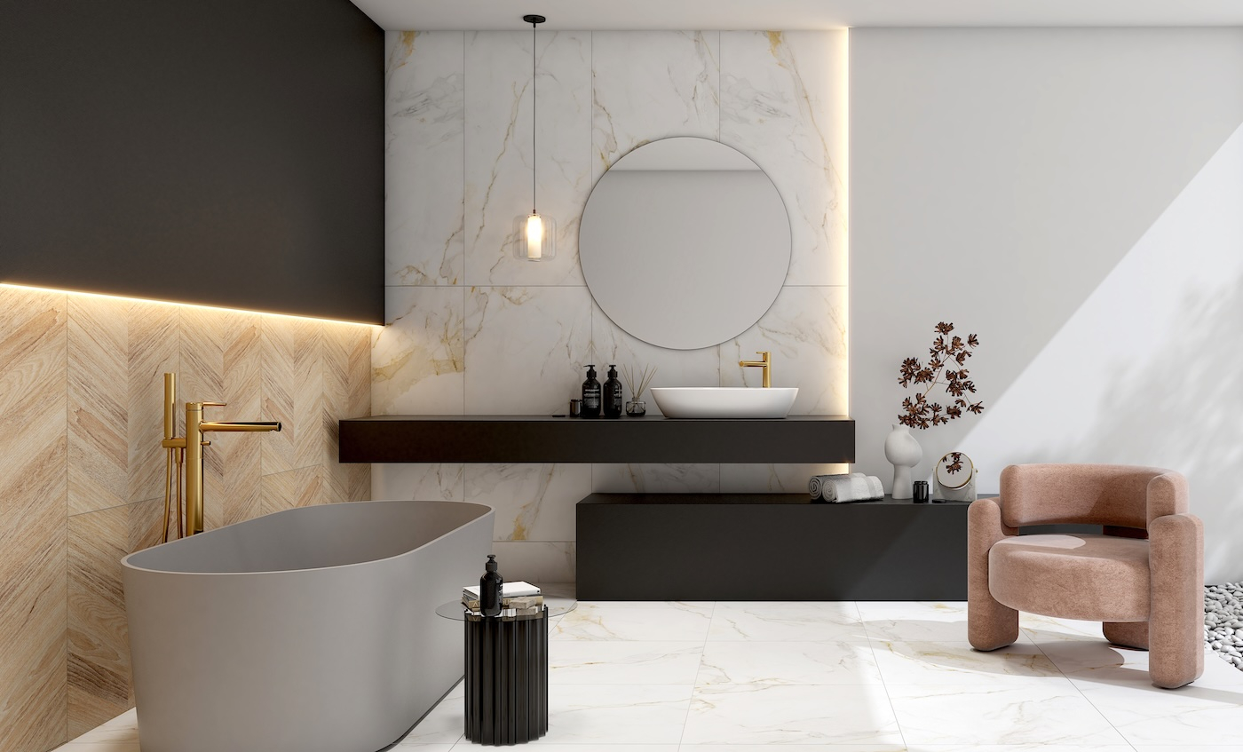 Razem z marką Komfort sprawdzamy, jak urządzić łazienkę w stylu quiet luxury. Doskonałą bazą będą wysokiej jakości płytki Senti inspirowane naturą.