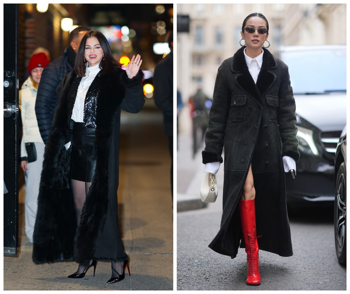 Dwie kobiety w eleganckich stylizacjach. Po lewej Selena Gomez w długim czarnym kożuchui błyszczącej bluzce, po prawej w czarnym płaszczu z czerwonymi botkami.