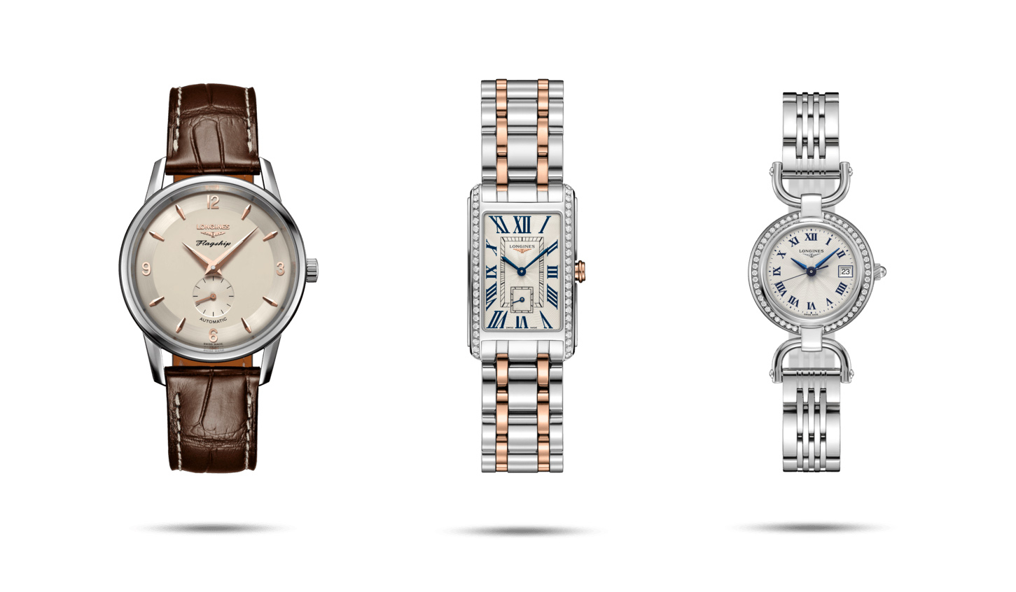 Od lewej: zegarek z linii Heritage, zegarek DolveVita z linii Elegance i zegarek z linii Equestrian (Fot. Materiały prasowe Longines)