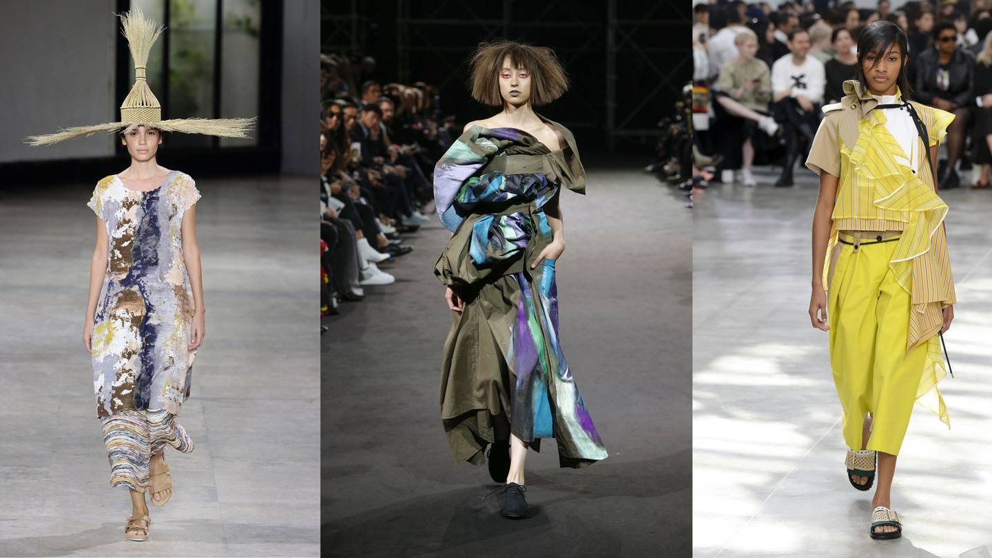 At the recent Paris Fashion Week Spring/Summer 2019 collections, Japanese designers singular approach to texture and silhouette stood out. From left, Yoshiyuki Miyamae at Issey Miyake; Yohji Yamamoto; and Sacai. Credit: YANNIS VIAMOS / MONICA FEUDI / INDIGITAL.TV