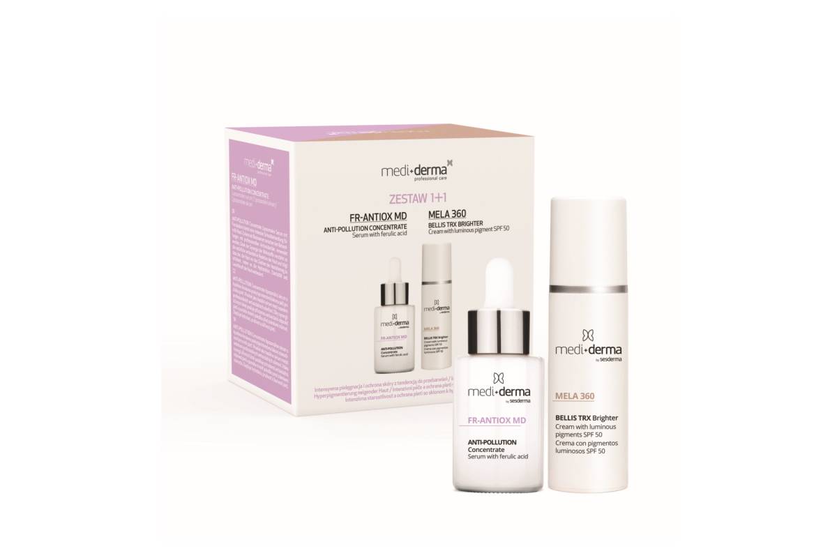 zestaw Mediderma 1+1 Mela 360 Bellis TRX Brighter, czyli emulsja rozświetlająca SPF 50+ i liposomowe serum z kwasem ferulowym FR-Antiox MD Anti-Pollution Concentrate