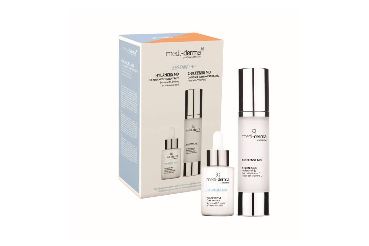 Zestaw 1+1 Mediderma Hylanses MD HA Advance Hydration serum liposomowe + C-Defence MD C+ Skin Bright Fluid żel-krem rozświetlający