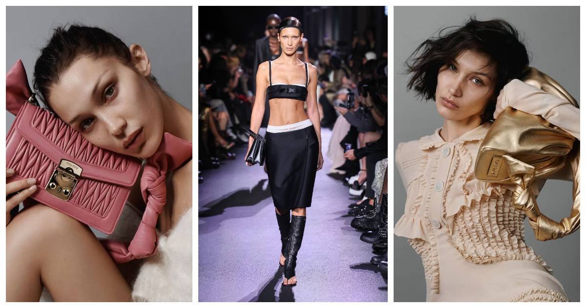 Bella Hadid w kampaniach oraz na wybiegu Miu Miu (Fot. Getty Images, materiały prasowe)
