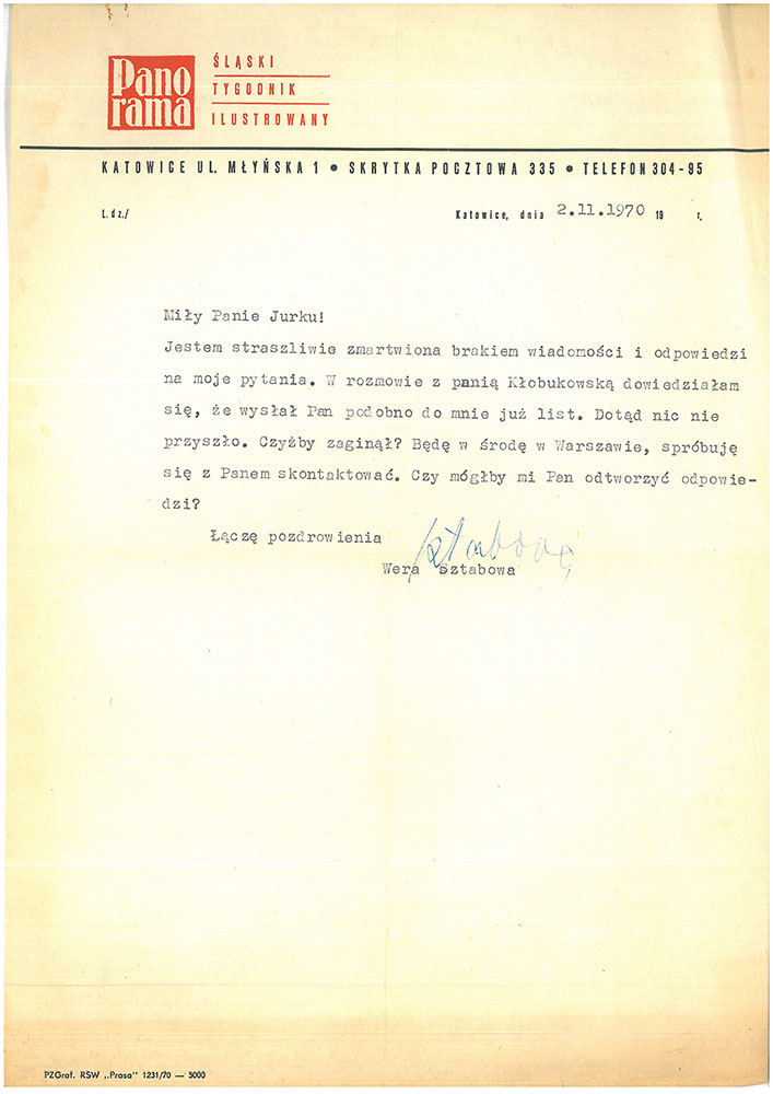 List od Wery Sztabowej z 1974 roku