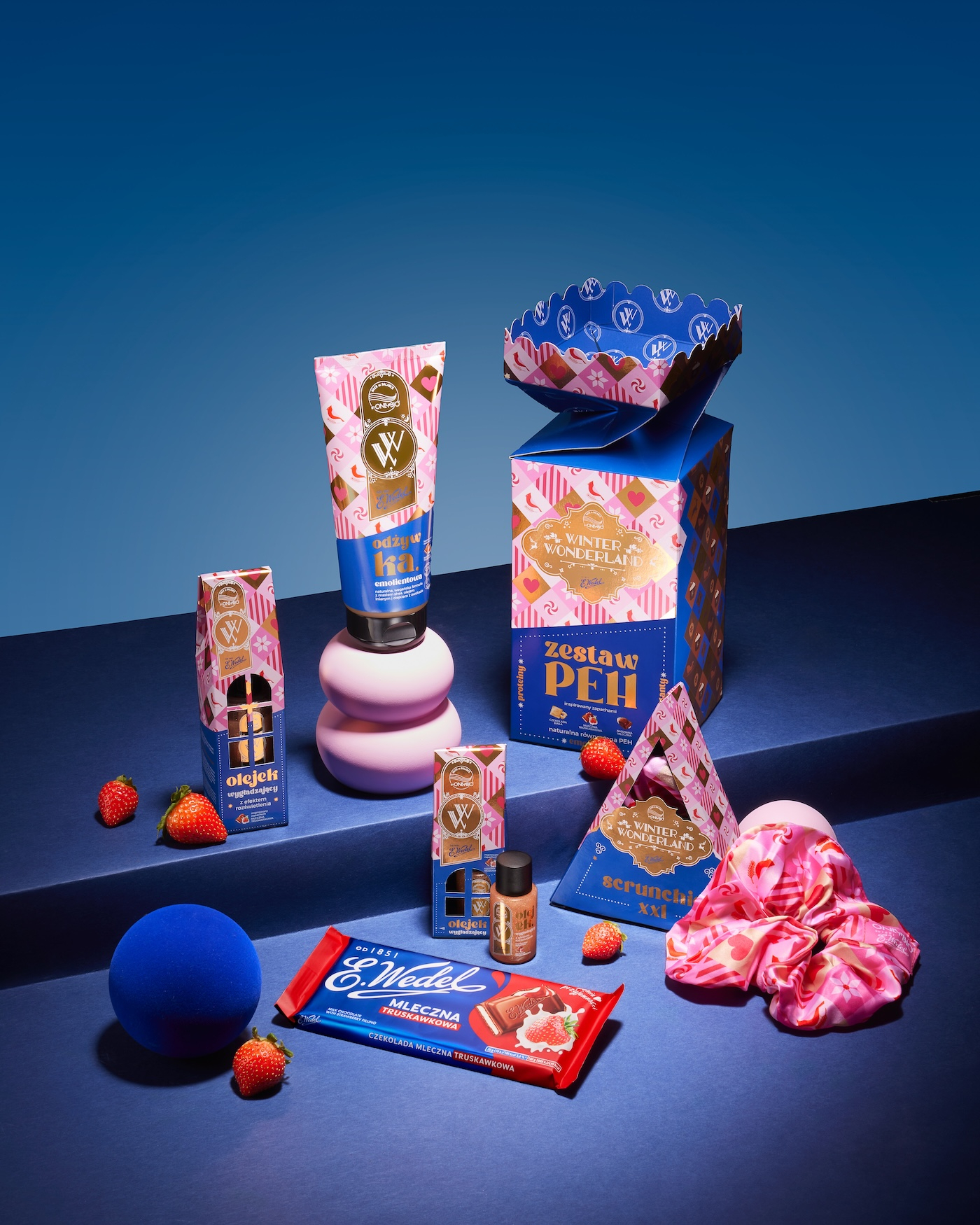 Linia produktów do włosów OnlyBio Hair In Balance, z limitowanej edycji Winter Wonderland, inspirowana czekoladą z truskawkami.