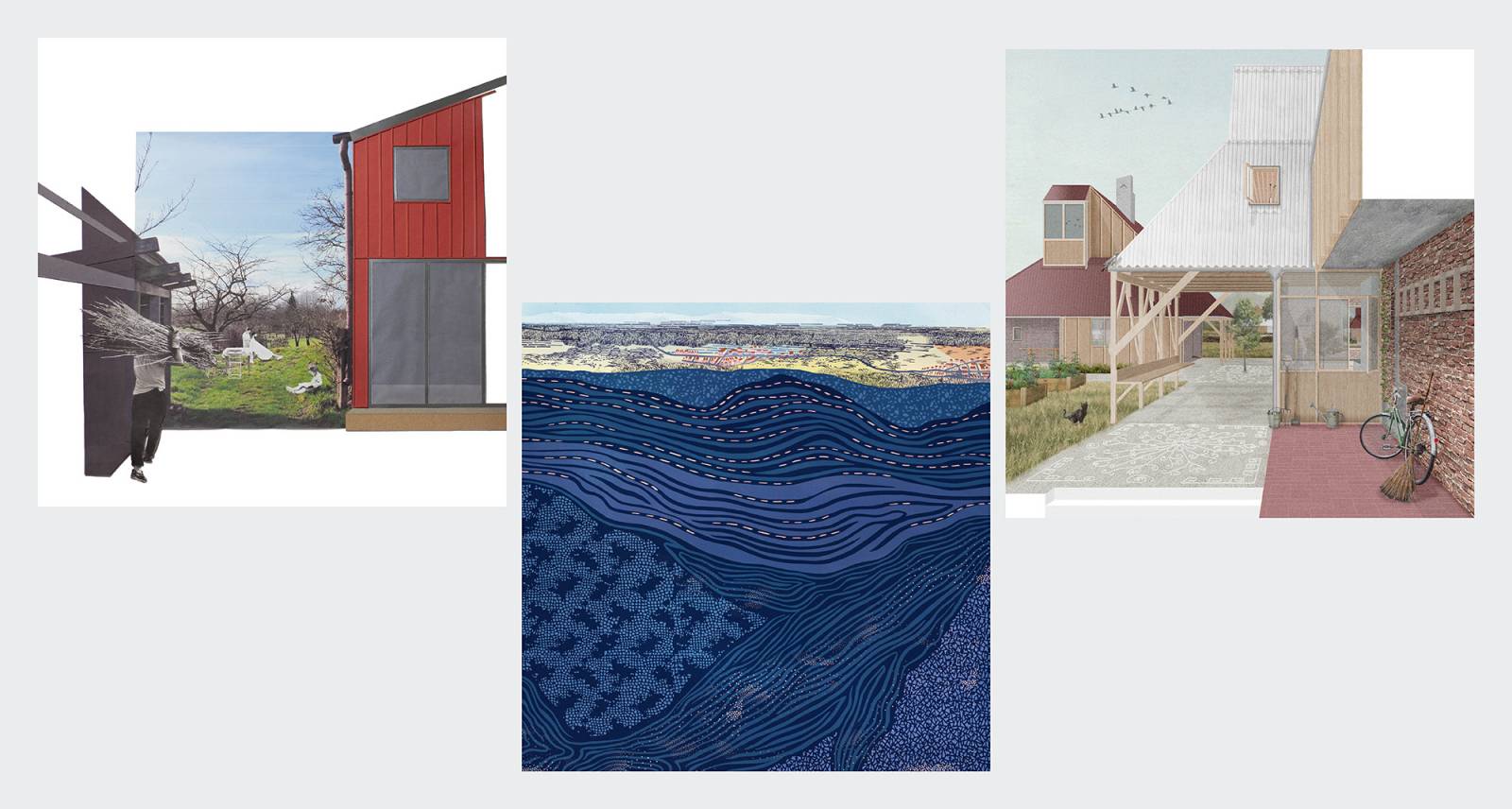 Część projektowa wystawy Trouble in Paradise, Pawilon Polski na Biennale Architettura 2021. Od lewej: Wspólnoty wiejskie, proj. Atelier Fanelsa; Święte gatunki, proj. GUBAHÁMORI + Filip + László Demeter; Społem (proj. Rural Office for Architecture)