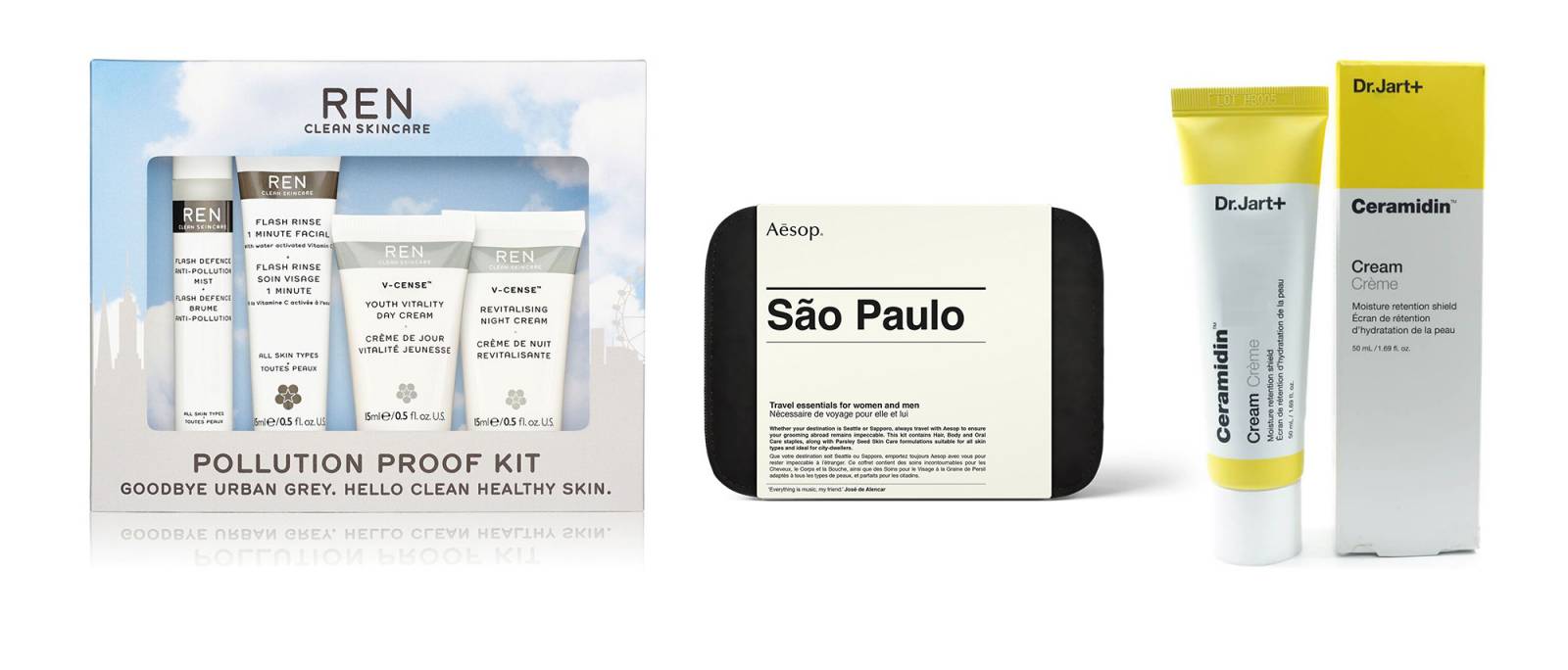 Ren Pollution Proof Kit, cent 115 zł; Aesop Sao Paulo City Kit, cent 285 zł; krem Ceramidin Dr. Jart, cena 169 zł (Fot. Materiały prasowe)