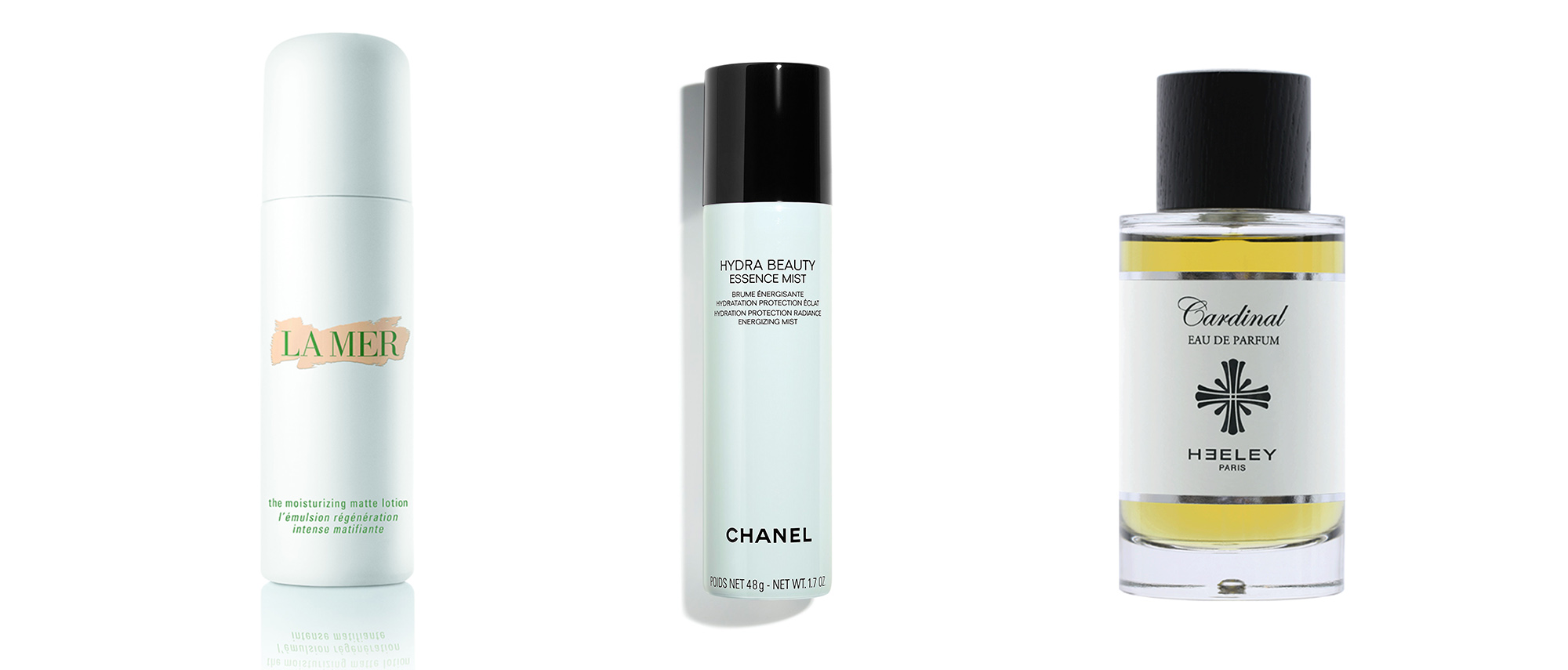 La Mer Moisturaizing Matte Lotion cena 999 zł, Chanel Hydra Beauty Essence Mist, cena 199 zł oraz Heely Cardinal edp 100ml, cena 590 zł; Galilu (Fot. Materiały prasowe)