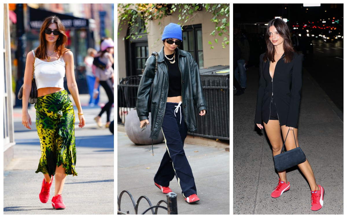 Emily Ratajkowski w uubionych czerwonych sneakersach Puma / (Fot. Gotham/GC Images, Jose Perez/Bauer-Griffin/GC Images, ason Howard/Bauer-Griffin/GC Images)