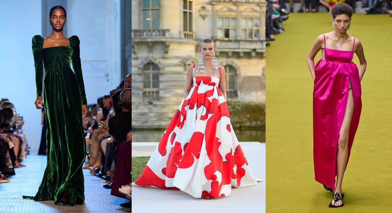 Kolekcje jesień-zima 2023-2024, od lewej: Elie Saab haute couture, Valentino haute couture, Gucci  (Fot. Spotlight. Launchmetrics / Agencja FREE)