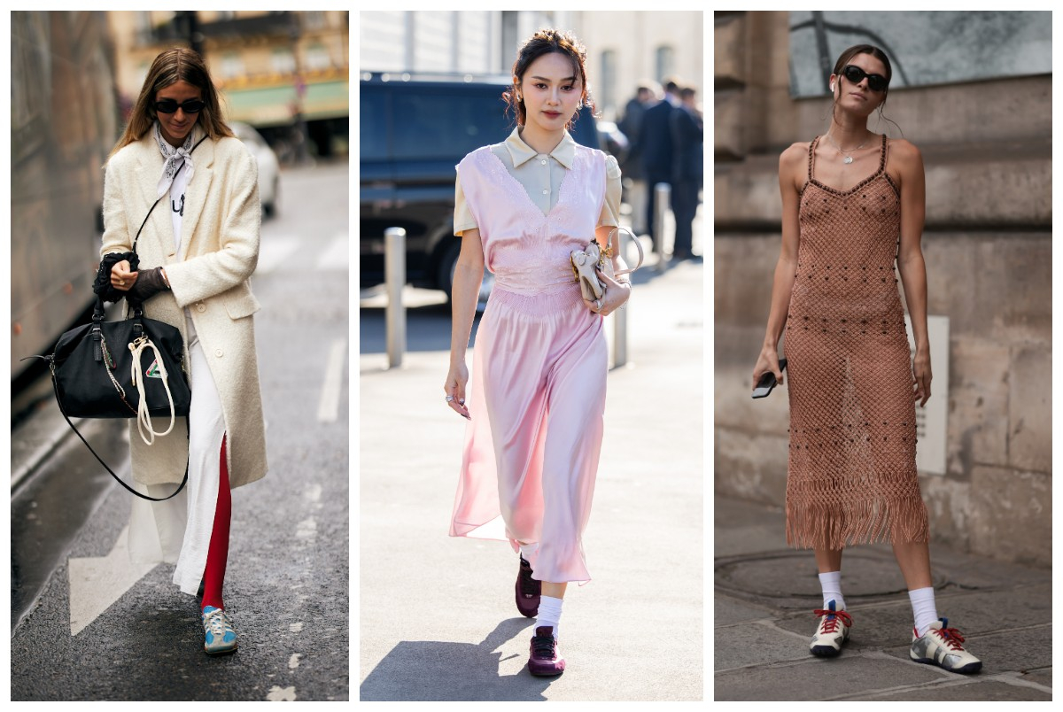 Trzy kobiety w modnych stylizacjach: sneakersy i derby w różnych kolorach, pełne luzu i elegancji.