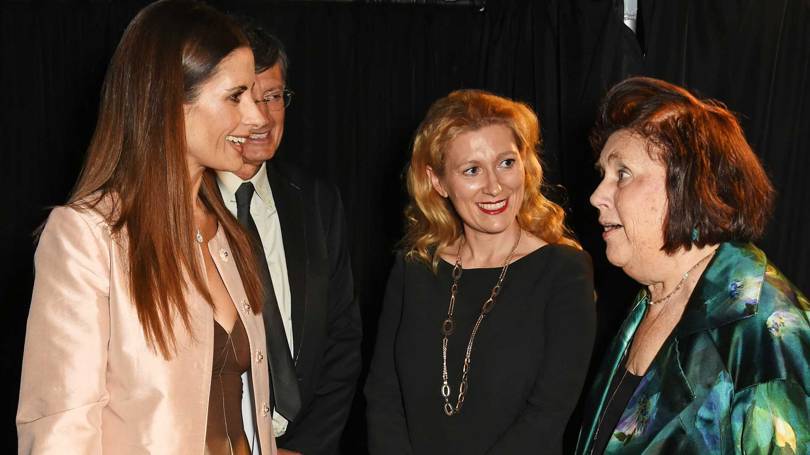 Suzy Menkes at the Green Carpet Fashion Awards 2018 in Milan, with (from left) Livia Firth – Creative Director of the Eco-Age consultancy and founder of the Green Carpet Fashion Challenge, and Marie-Claire Daveu – Chief Sustainability Officer at Kering. Credit: GETTY