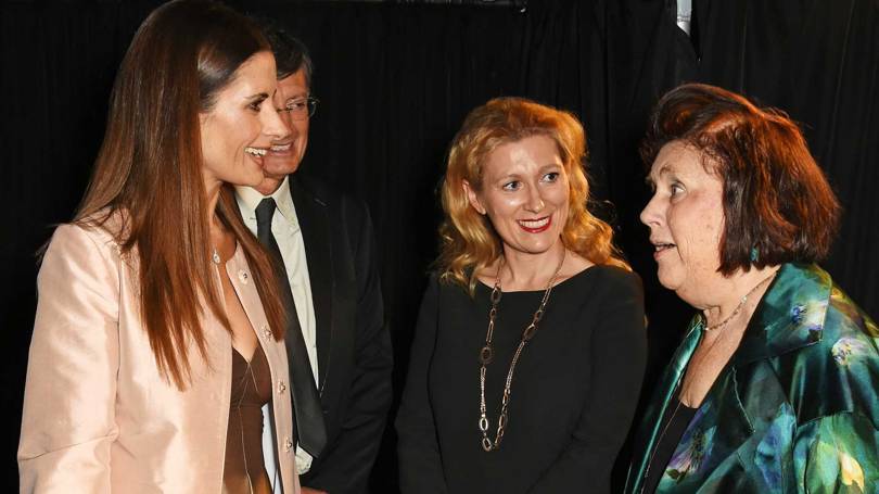 Suzy Menkes at the Green Carpet Fashion Awards 2018 in Milan, with (from left) Livia Firth – Creative Director of the Eco-Age consultancy and founder of the Green Carpet Fashion Challenge, and Marie-Claire Daveu – Chief Sustainability Officer at Kering. Credit: GETTY