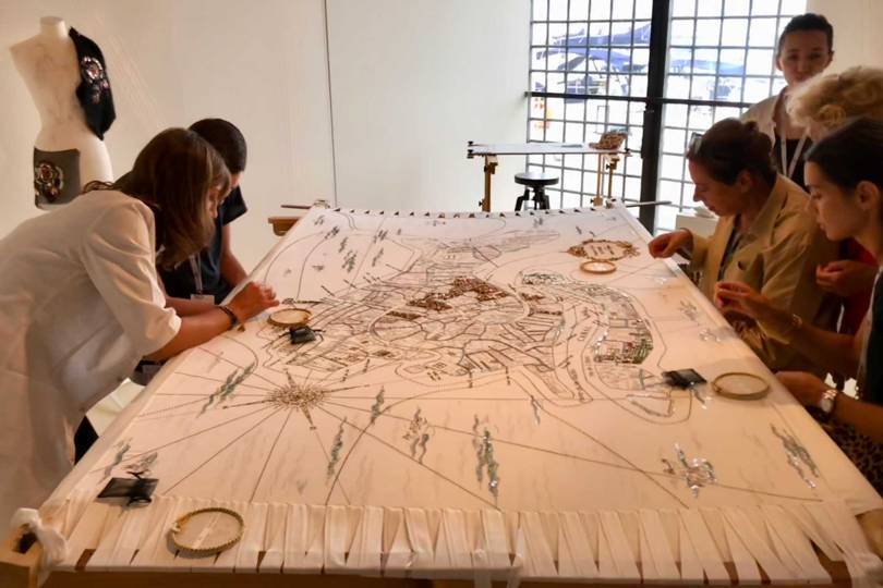 Master embroiderers from the French house of Lesage hold a workshop for the public during the Homo Faber exhibition in Venice in September 2018 Credit: @SUZYMENKESVOGUE