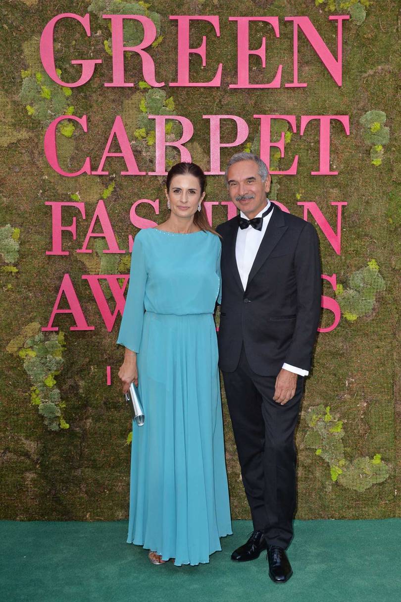 Livia Firth, Creative Director of Eco-Age and founder of the Green Carpet Challenge, with Carlo Capasa of the Camera Nazionale della Moda Italiana. Firth and Capasa have masterminded the Green Carpet Fashion Awards Italia. Credit: GETTY