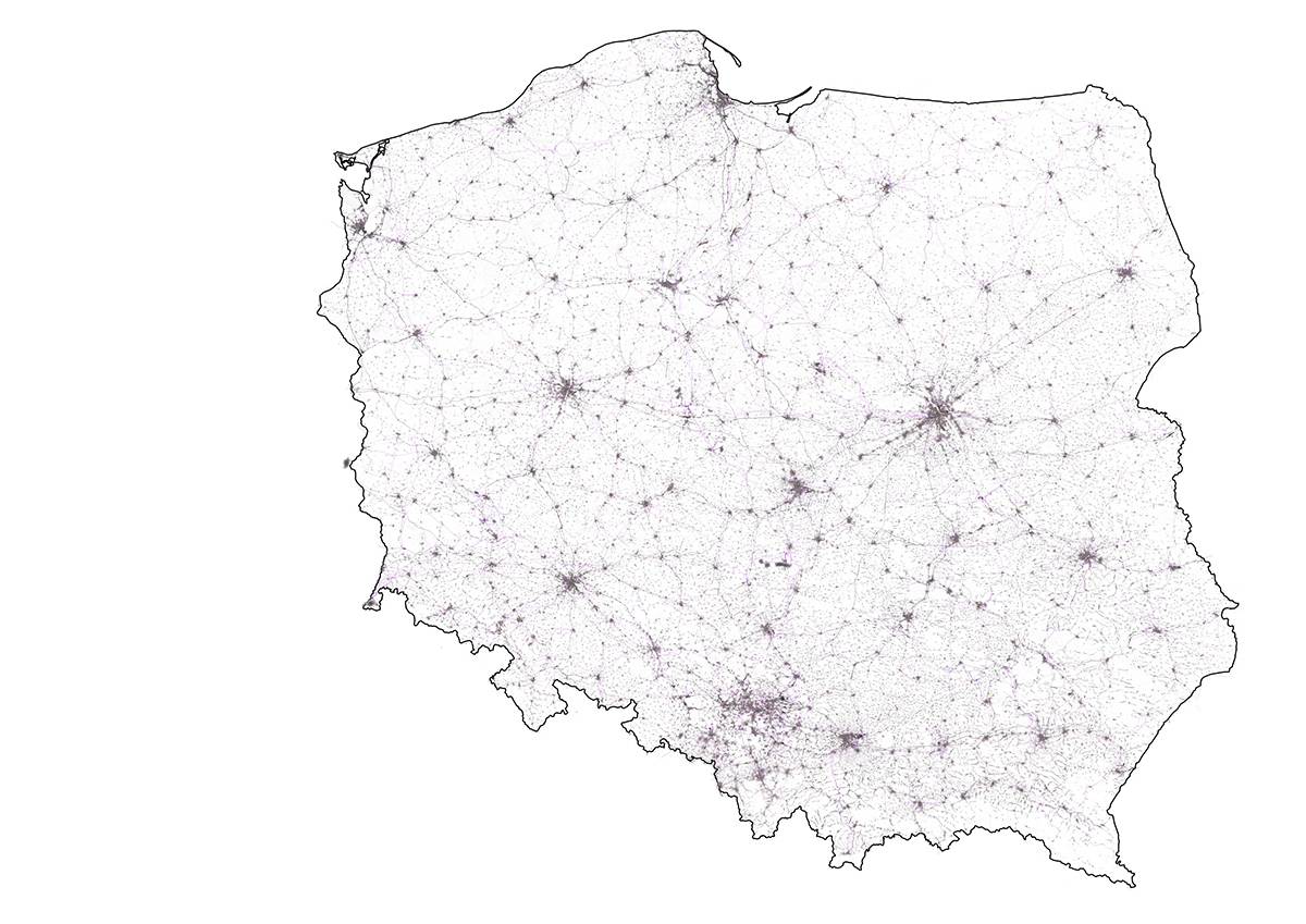 Drogi, kolej, linie, przemysł, zabudowa, zaludnienie w Polsce