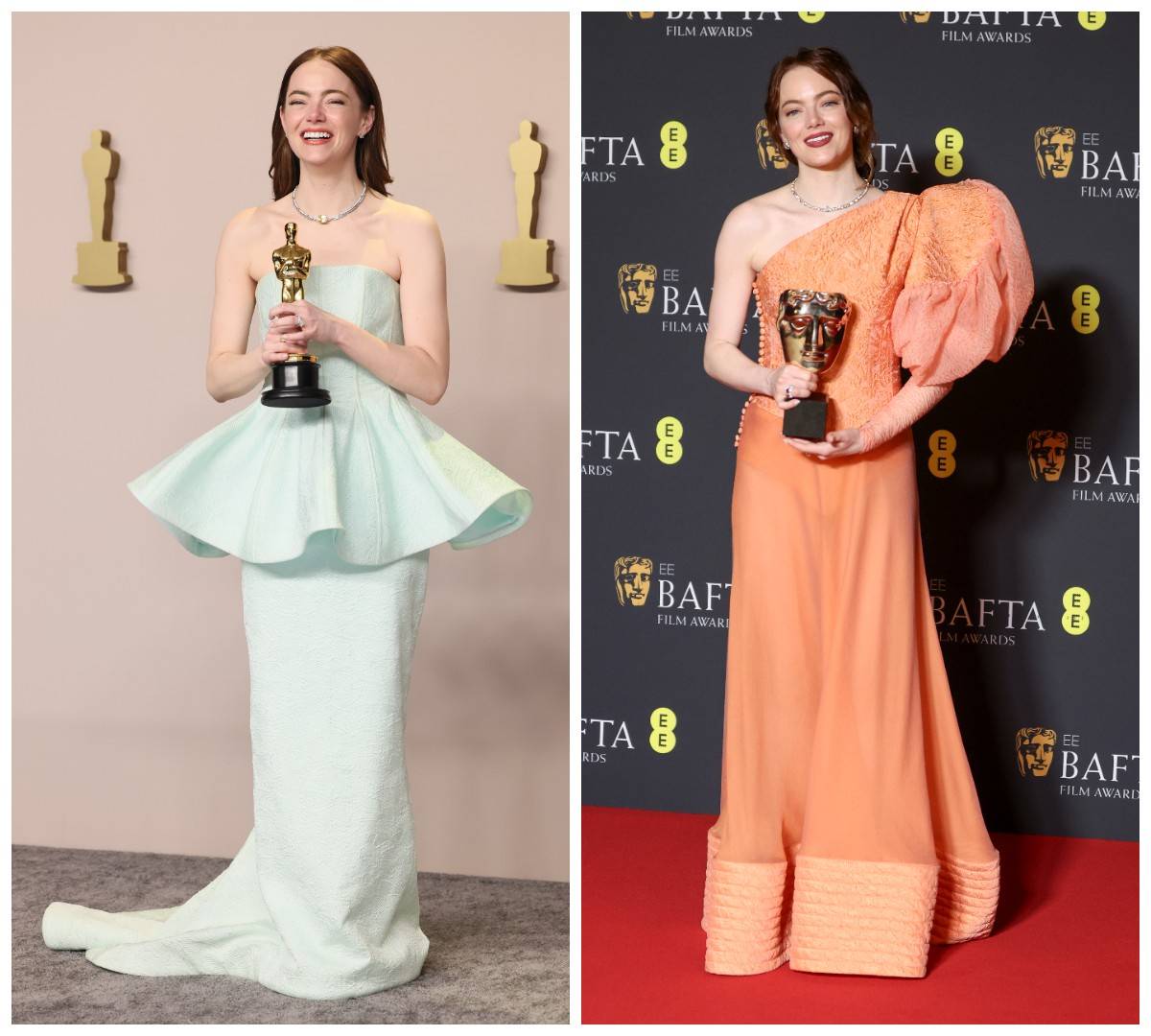 Emma Stone na rozdaniu Oscarów 2024 oraz nagrod BAFTA (Fot. Getty Images)