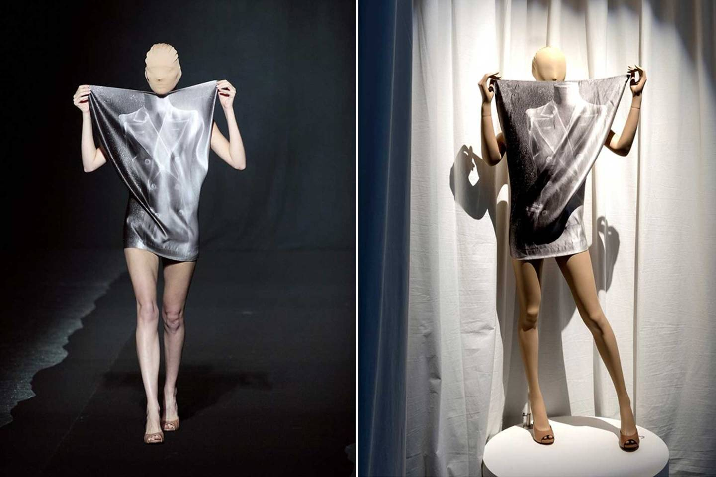 Martin Margielas Poster dress on the runway at his Spring/Summer 2009 collection (left), and on display at the Palais Galliera (Photo: GETTY (LEFT); PALAIS GALLIERA (RIGHT))
