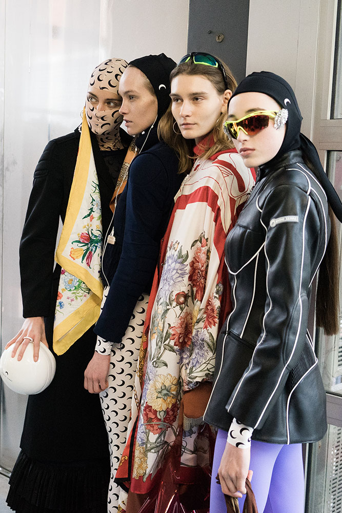 Models backstage before Marine Serres first show at Paris Fashion Week in February for Autumn/Winter 2018 (Photo: Getty Images)