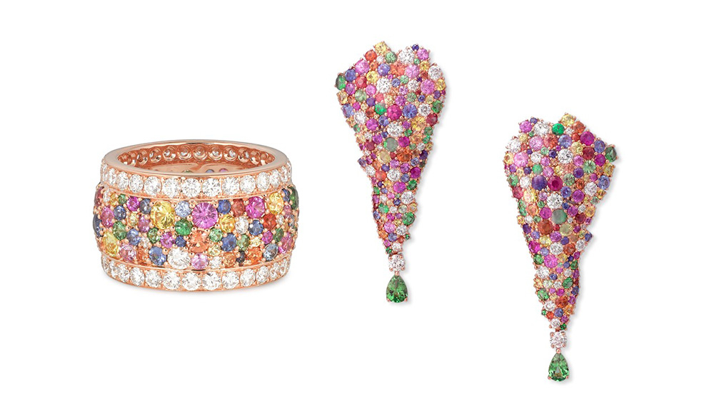 A multi-colour, multi-gem pair of earrings with matching ring from Vania Leles Out of Africa collection