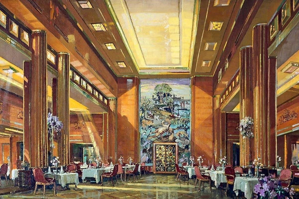 Detail of a sketch of the first-class dining-room on the Queen Mary, by Herbert Davis Richter, 1936
(Photo: Williamson Art Gallery and Museum)