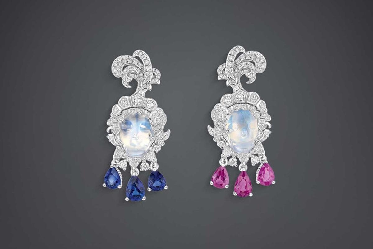 The Dior Haute Joiallerie Vanité Pierre de Lune earrings in white gold, diamonds, moonstones, and blue and pink sapphires (Photo: Dior)