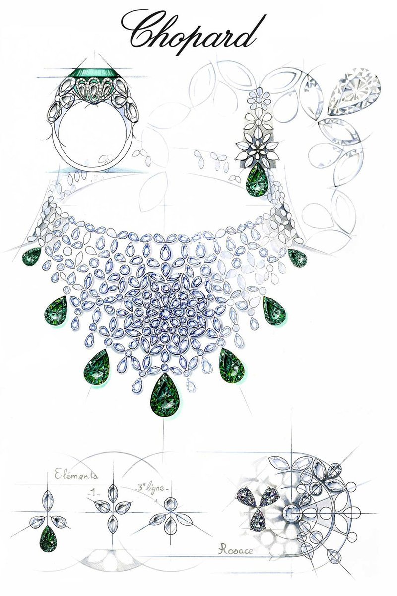 The sketch for Chopards emerald and diamond necklace, ring, and earrings from the Precious Chopard collection, which is inspired by lacework