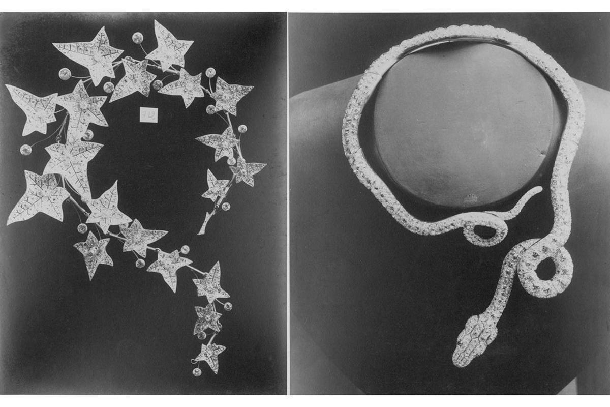 From the Boucheron archives, two 19th-century pavé diamond necklaces with ivy leaves (left, 1883) and a snake (right, 1885) (Photo: Boucheron)