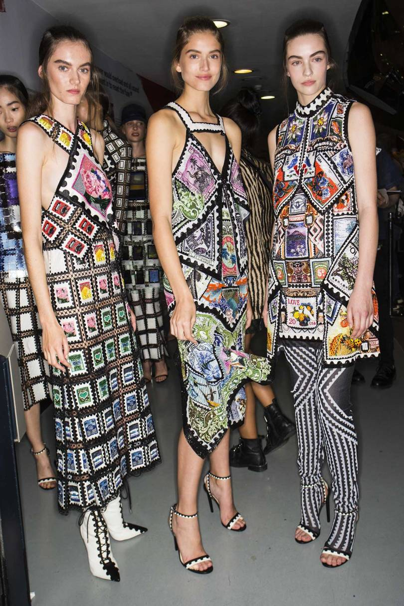 Backstage at Mary Katrantzou Spring/Summer 2019 - the new Stamp dresses Credit: SONNY VANDEVELDE
